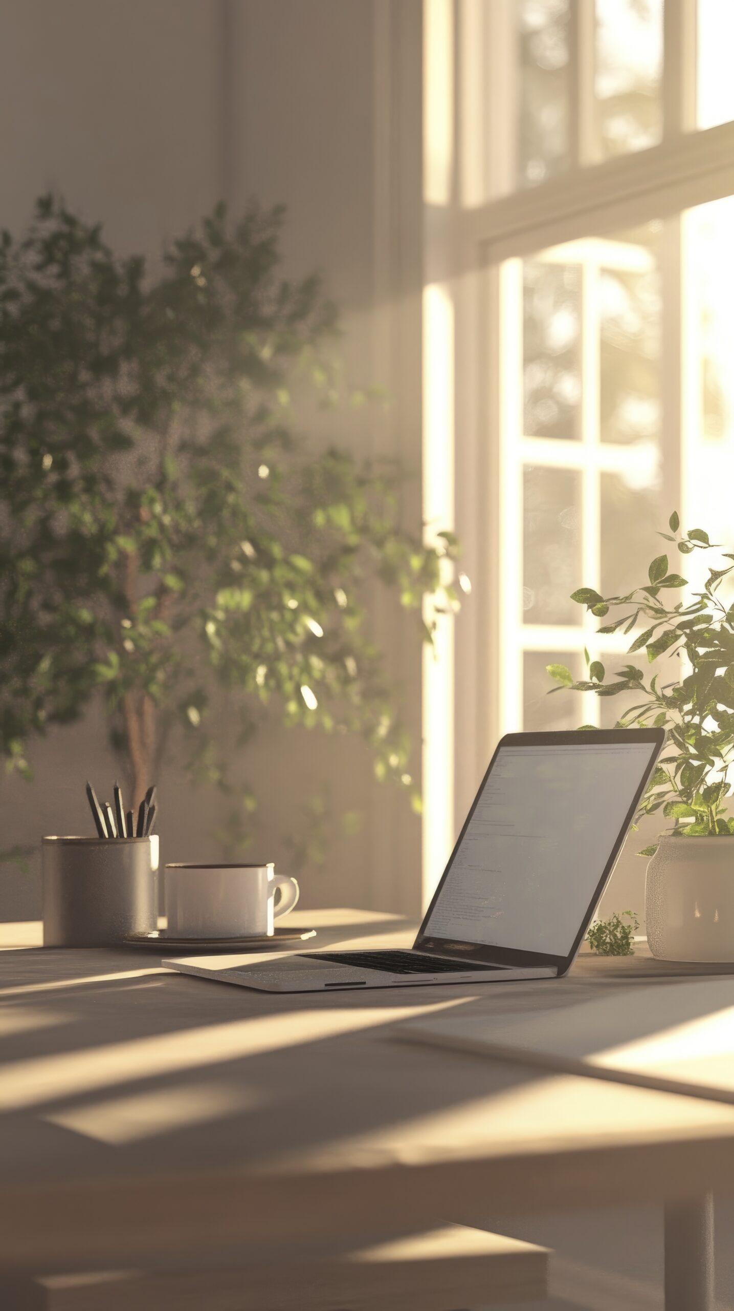 Modern home office setup with a laptop, plant, and coffee cup, soft natural light, photorealistic, clean and organized, cozy and professional atmosphere, representing remote work comfort